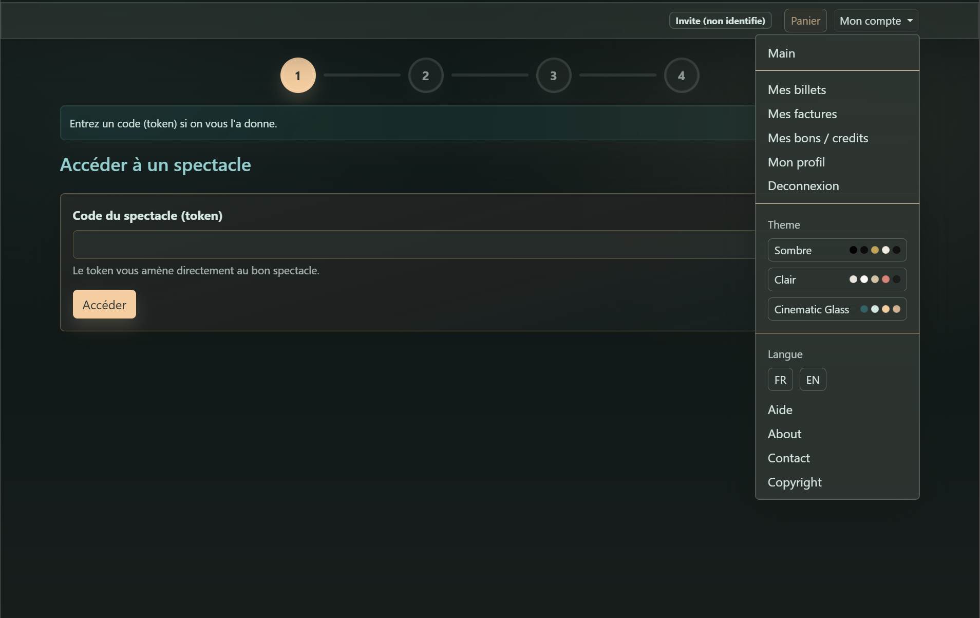 Public booking with account menu and theme picker