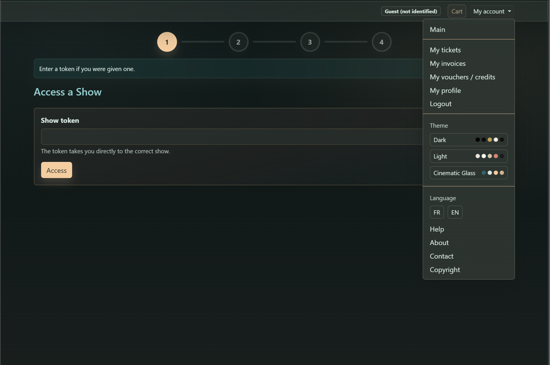 Theater Operations Platform main public page in cinematic glass theme