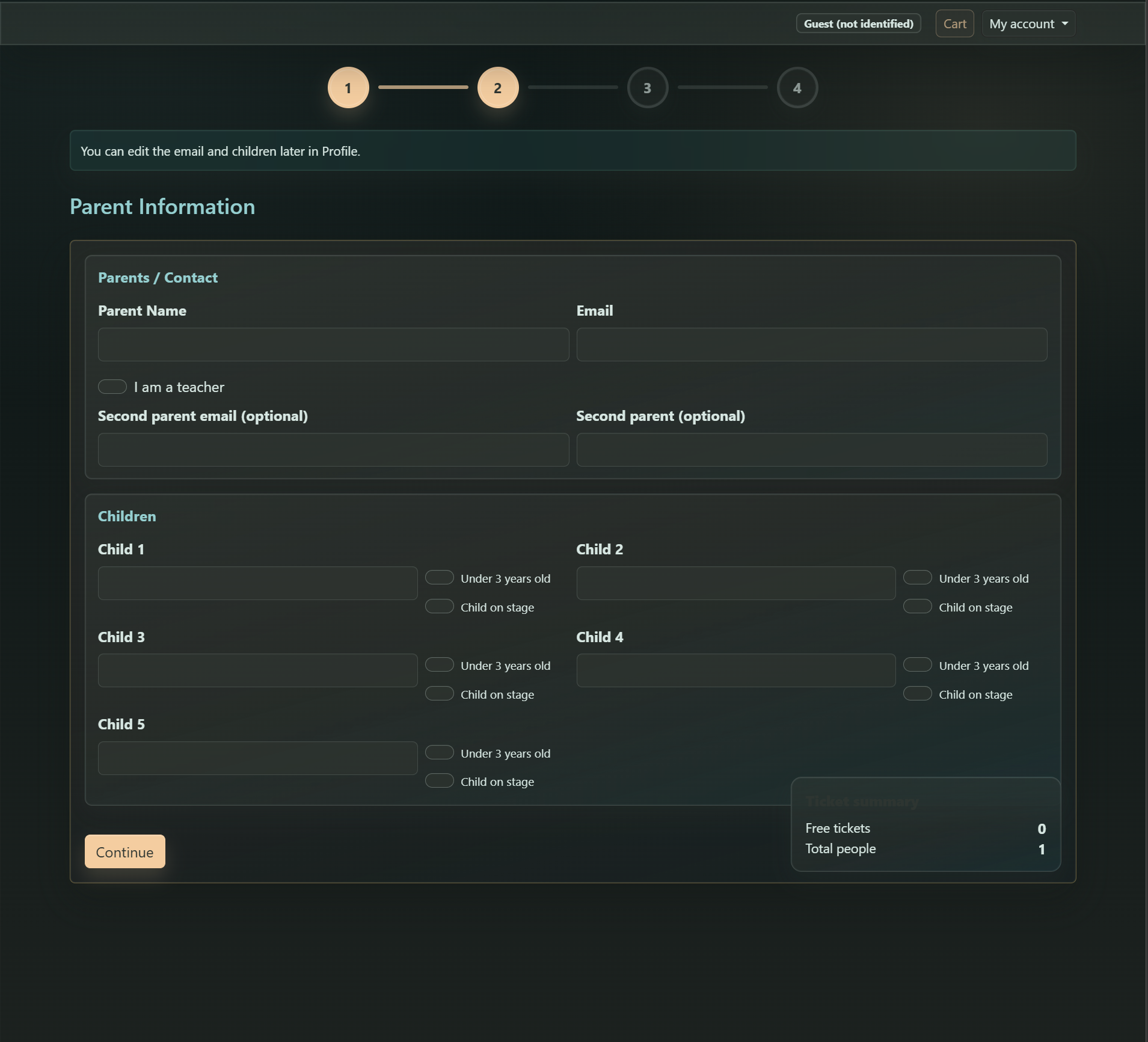 Public booking step two parent and children form