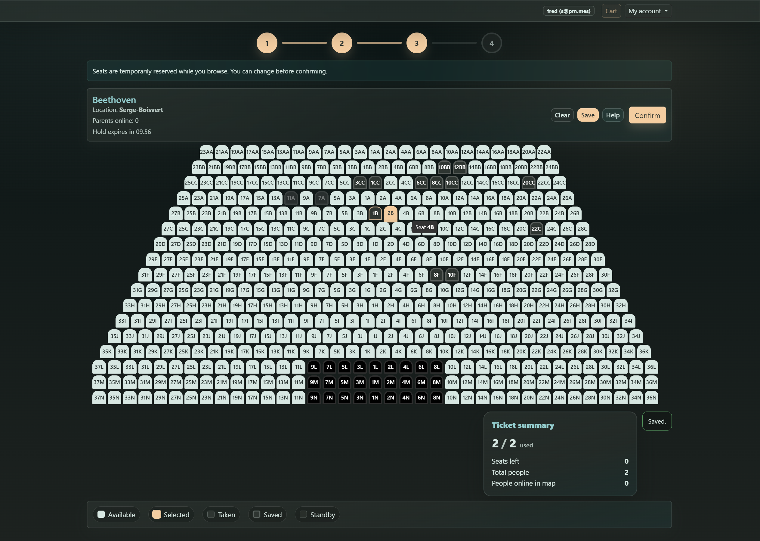 Public booking seat map with selected seats and summary