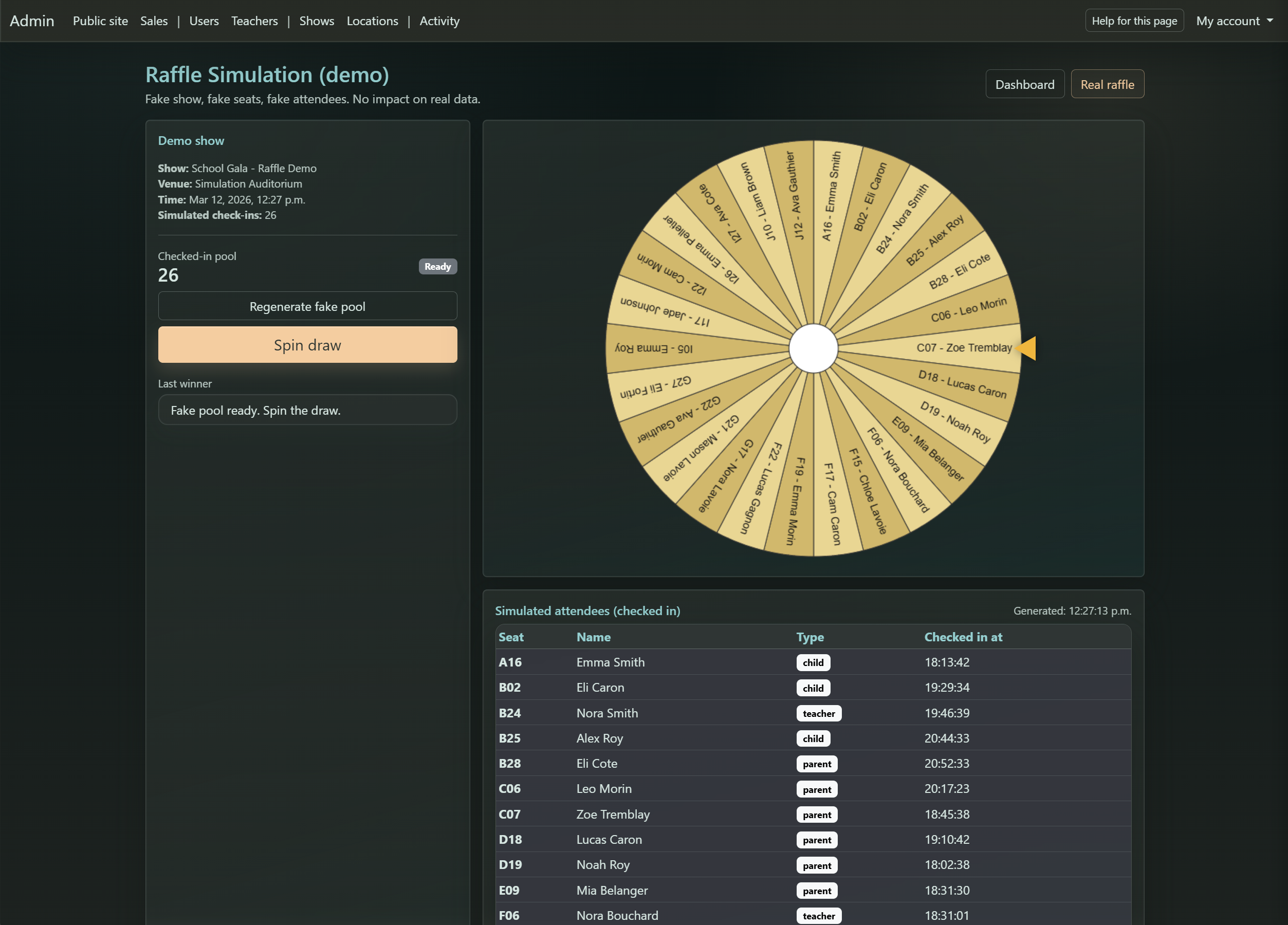 Admin raffle simulation screen with wheel and attendee table