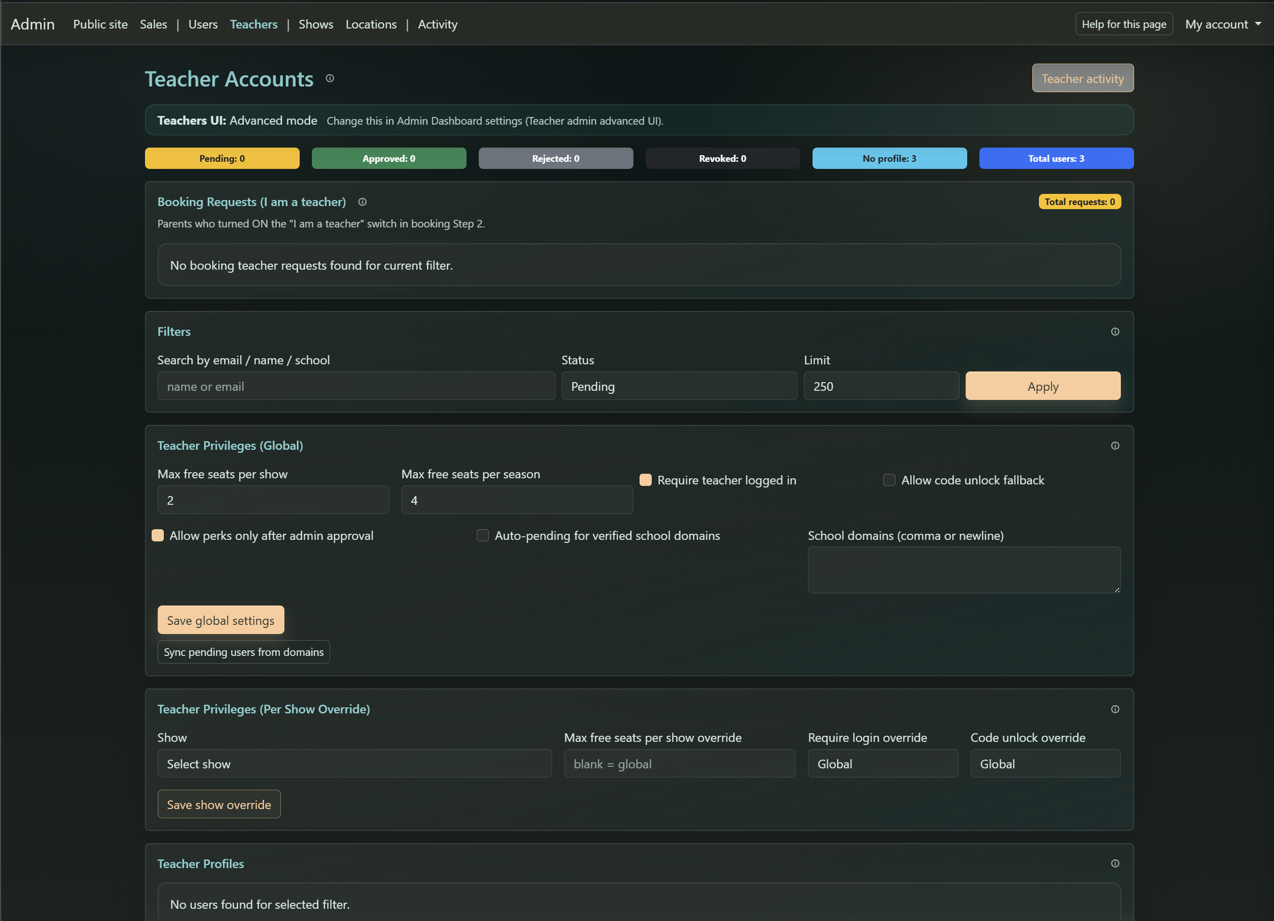 Admin teacher accounts and privileges configuration