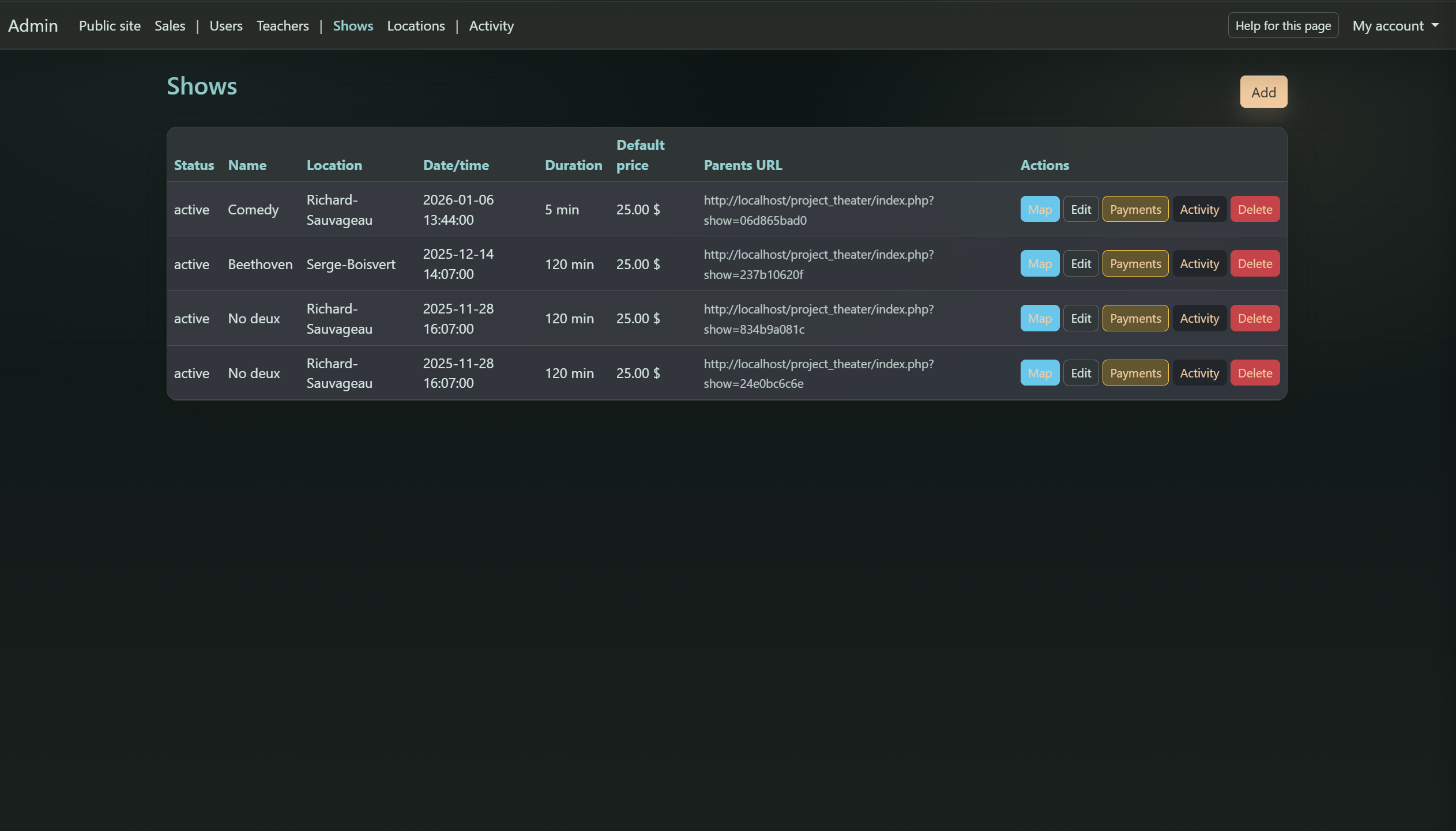 Admin shows list with map payments and activity actions