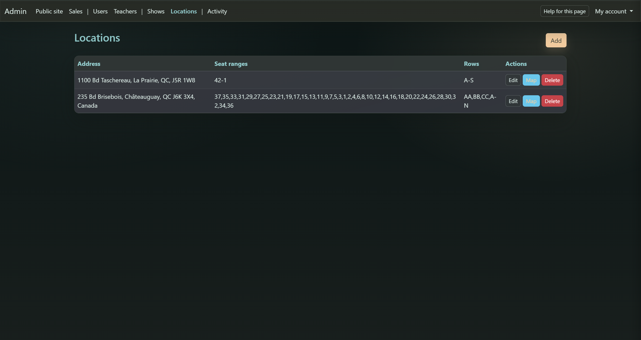 Admin locations list and seat ranges