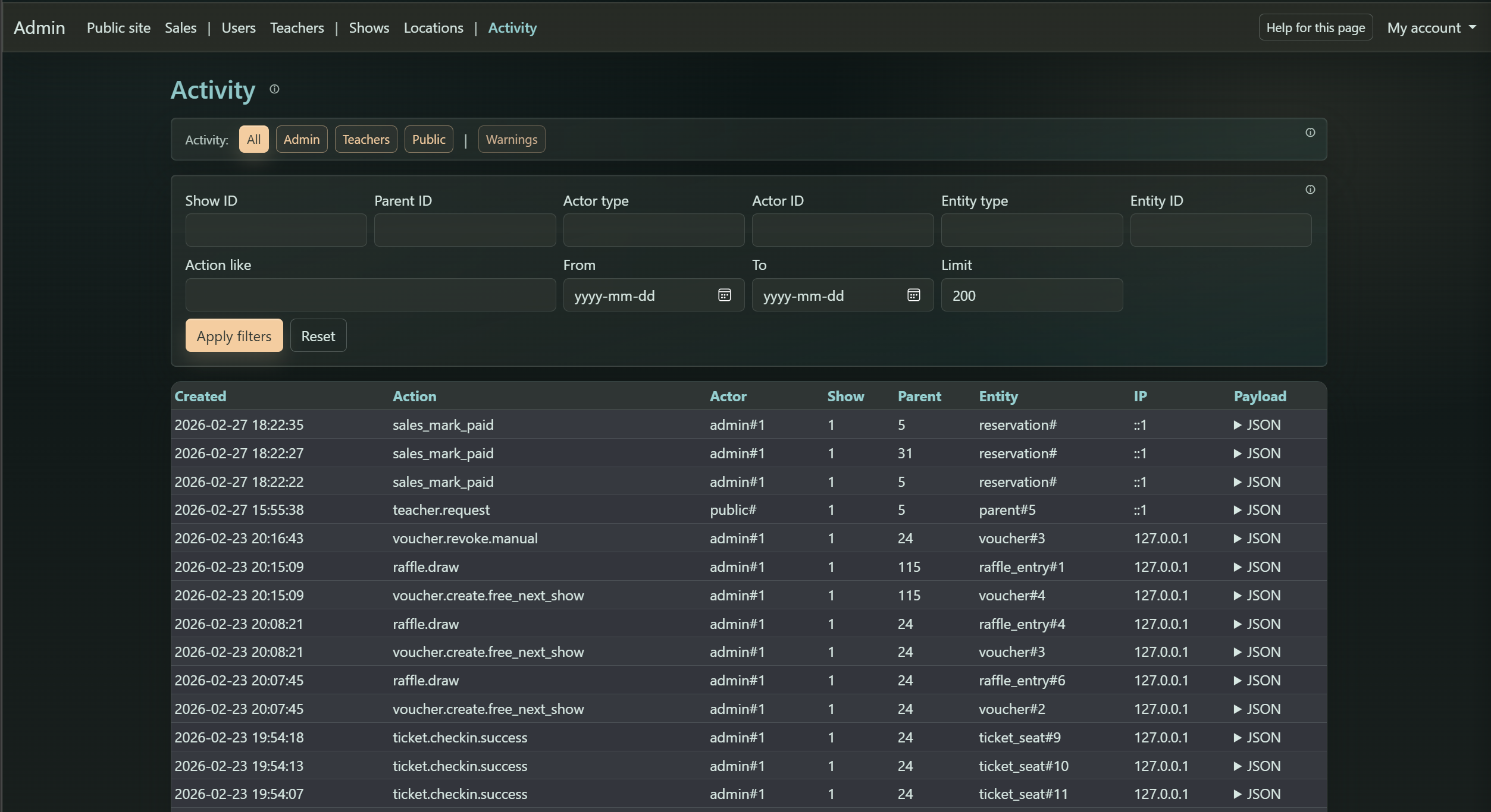 Admin activity log filters and event table