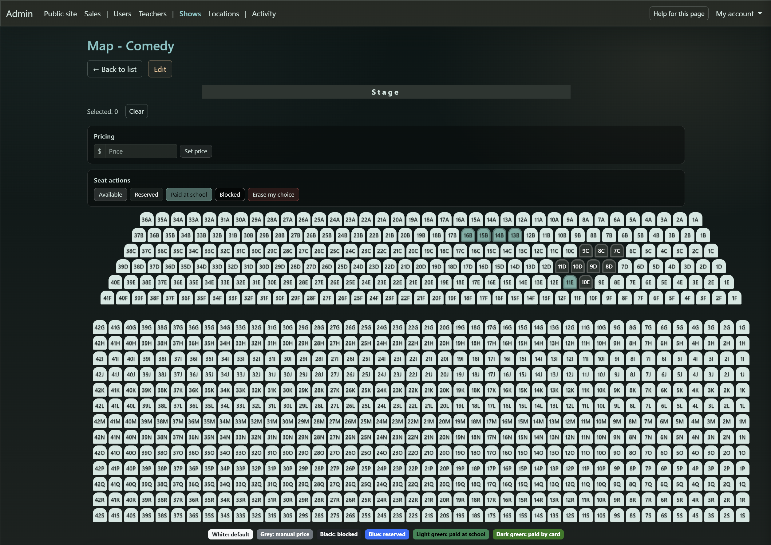 Admin seat map editor and status controls
